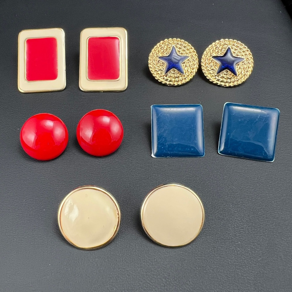Vintage Enamel Earrings Lot 5 Pairs Red White Blue Gold Tone Nautical